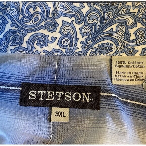 Stetson Shirt Mens 3XL Blue Plaid Flap Pockets Yoked Western Cowboy FS Country - Picture 7 of 8